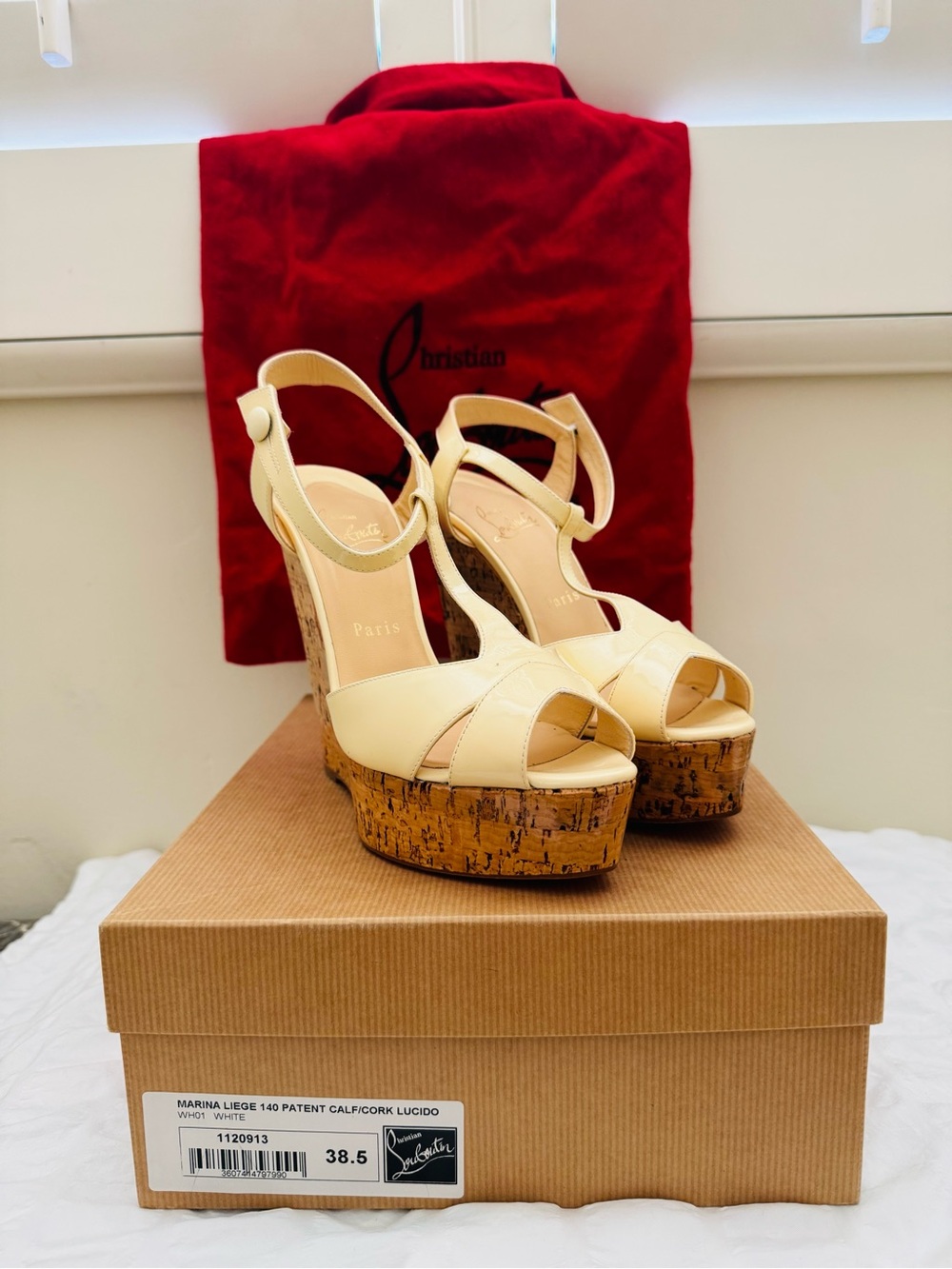 Christian Louboutin Cream Patent Cork Platform Sandals